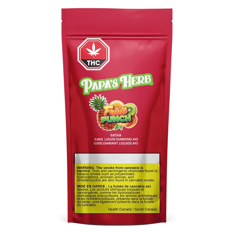 Front-facing shot of a red pouch labeled Papa's Herb Fruit Punch Liquid Diamond Disposable Vape with bold logo and yellow warning panel.