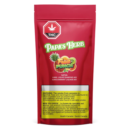 Front-facing shot of a red pouch labeled Papa's Herb Fruit Punch Liquid Diamond Disposable Vape with bold logo and yellow warning panel.