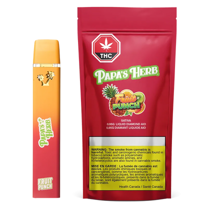 Front-facing pouch and matching orange-red vape shown side-by-side, displaying the Papa's Herb Fruit Punch Liquid Diamond Disposable Vape branding and colorful fruit logo.