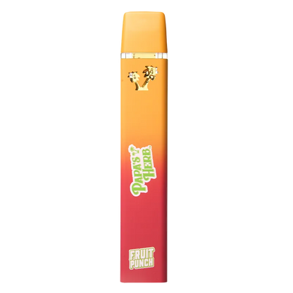 Vertical front view of a gradient orange-to-red Fruit Punch Liquid Diamond Disposable Vape with "Papa's Herb" and "Fruit Punch" logos visible.
