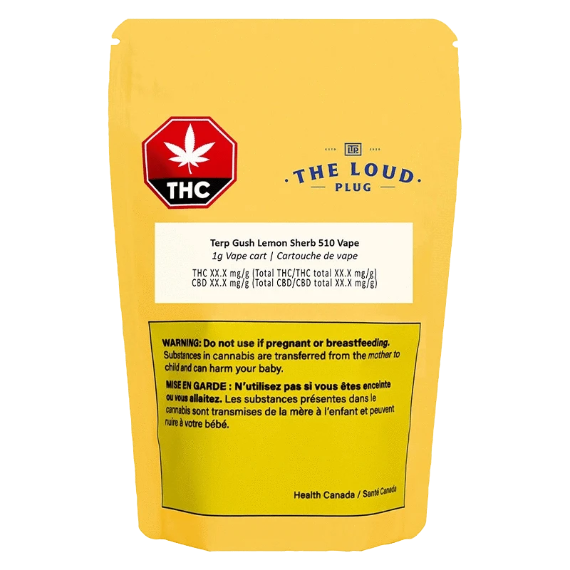 Rear view of the yellow pouch packaging showing The Loud Plug Terp Gush Lemon Sherb Vape Cartridge label, THC icon, and warning box.