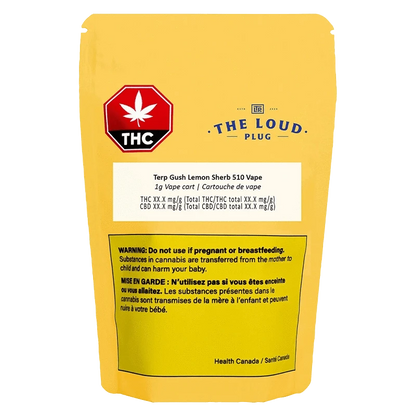Rear view of the yellow pouch packaging showing The Loud Plug Terp Gush Lemon Sherb Vape Cartridge label, THC icon, and warning box.