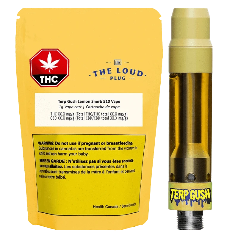 Yellow pouch and gold cartridge shown side by side in bright studio lighting, labeled "Terp Gush Lemon Sherb Vape Cartridge."