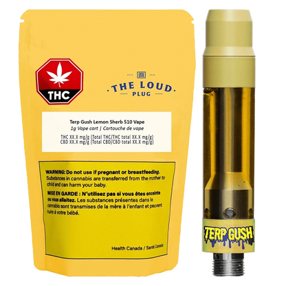 Yellow pouch and gold cartridge shown side by side in bright studio lighting, labeled "Terp Gush Lemon Sherb Vape Cartridge."