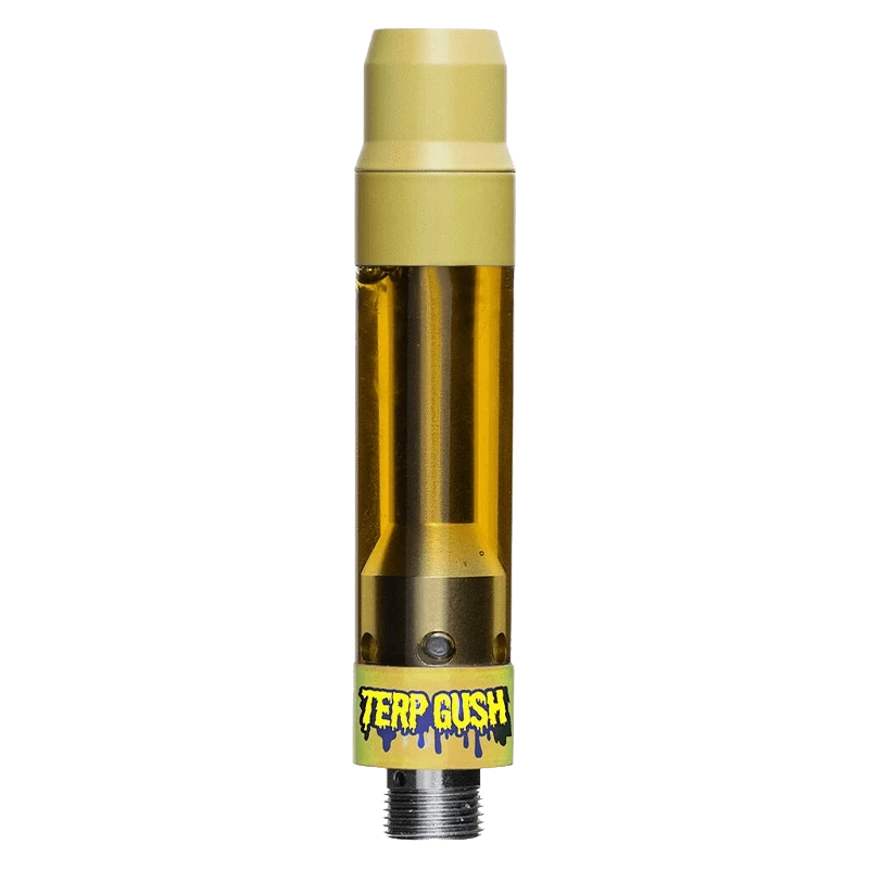 Straight-on view of the Terp Gush Lemon Sherb Vape Cartridge showing its yellow mouthpiece, amber oil chamber, and branded base.