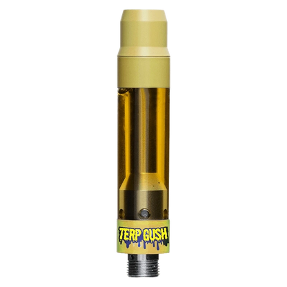 Straight-on view of the Terp Gush Lemon Sherb Vape Cartridge showing its yellow mouthpiece, amber oil chamber, and branded base.