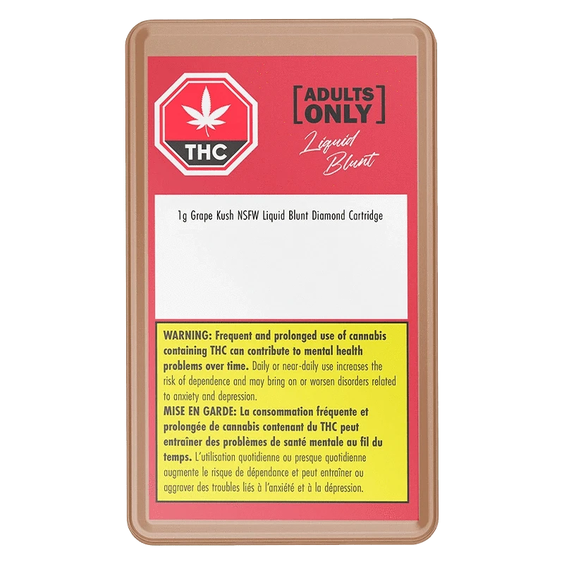 Top-down view of the Grape Kush NSFW Liquid Blunt Diamond Vape Cartridge retail card with a red THC emblem, white info panel, and yellow warning box.
