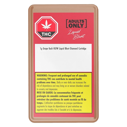 Top-down view of the Grape Kush NSFW Liquid Blunt Diamond Vape Cartridge retail card with a red THC emblem, white info panel, and yellow warning box.