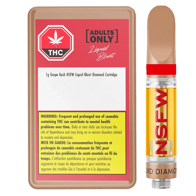 Right-side view of the Grape Kush NSFW Liquid Blunt Diamond Vape Cartridge next to its red-labeled rectangular packaging, both shown on a white background.