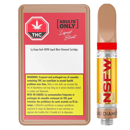 Right-side view of the Grape Kush NSFW Liquid Blunt Diamond Vape Cartridge next to its red-labeled rectangular packaging, both shown on a white background.