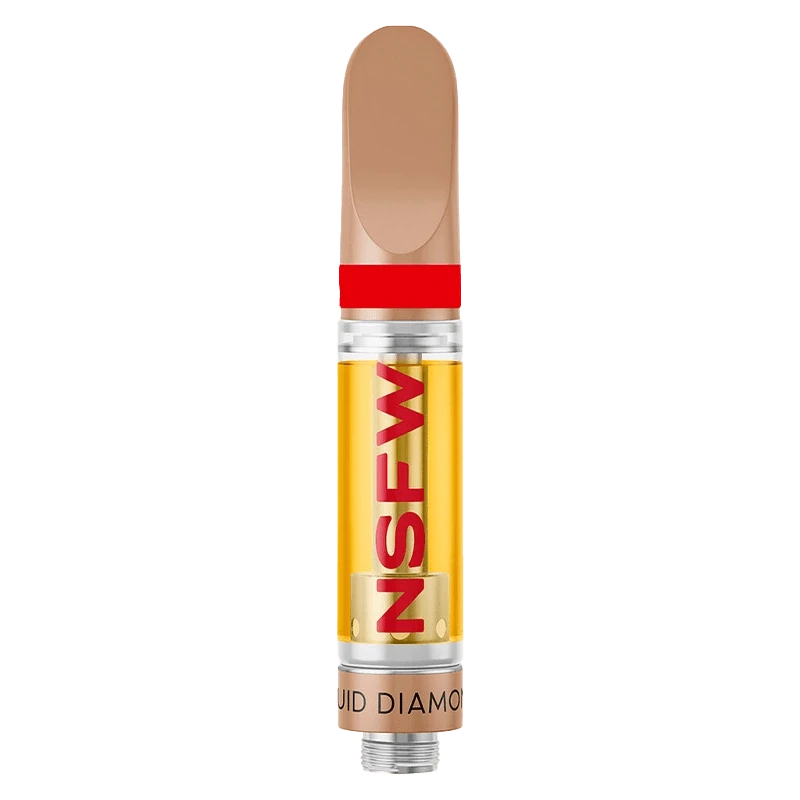 Center portrait of the Grape Kush NSFW Liquid Blunt Diamond Vape Cartridge showing a clear oil chamber with amber liquid and bold red "NSFW" lettering.