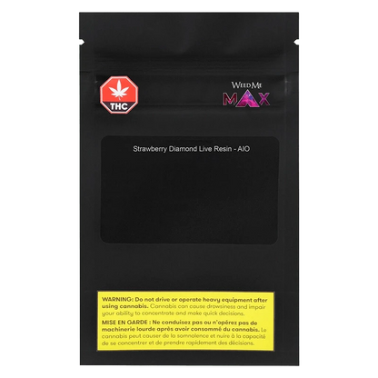 Centered front view of the black pouch packaging for Strawberry Cough Diamond Live Resin AIO Disposable Vape, showing a THC symbol, WeedMe Max logo, and a yellow warning panel.
