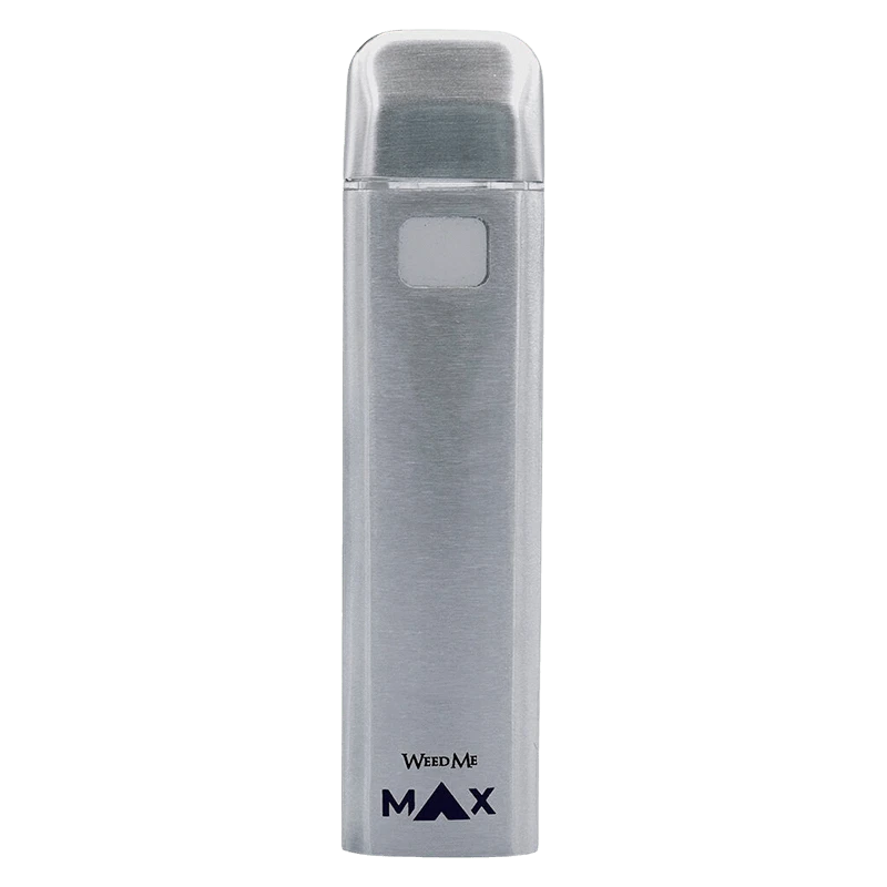 Front-facing silver device on a plain background labeled Weed Me Strawberry Cough Diamond Live Resin AIO Disposable Vape.