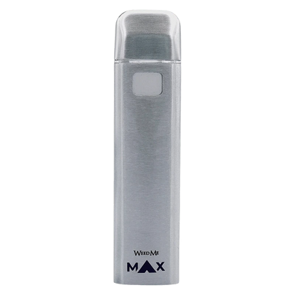 Front-facing silver device on a plain background labeled Weed Me Strawberry Cough Diamond Live Resin AIO Disposable Vape.