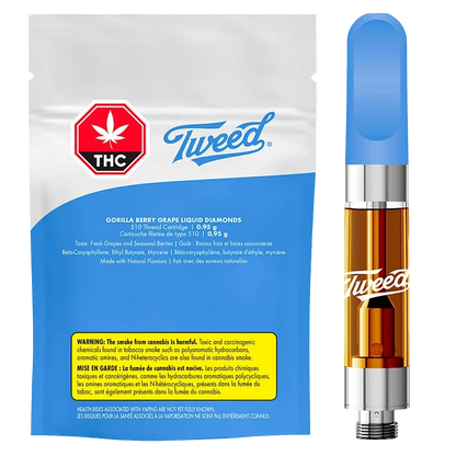 White-and-blue front view of a Tweed Gorilla Berry Grape Liquid Diamonds vape cartridge and its matching pouch, the cartridge shown upright with a blue mouthpiece and amber oil visible.