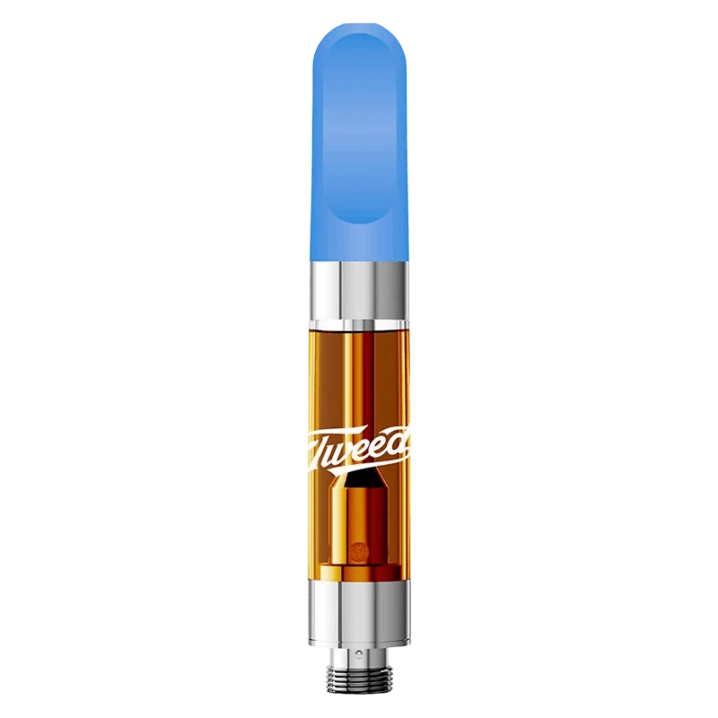 Center-aligned close-up of a Gorilla Berry Grape Liquid Diamonds Vape Cartridge showing its amber oil chamber, silver metal fittings, and blue mouthpiece.