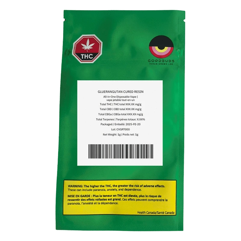 Rear view of the green pouch packaging showing a white label and warning strip for Gluerangutan Cured Resin Disposable Vape.
