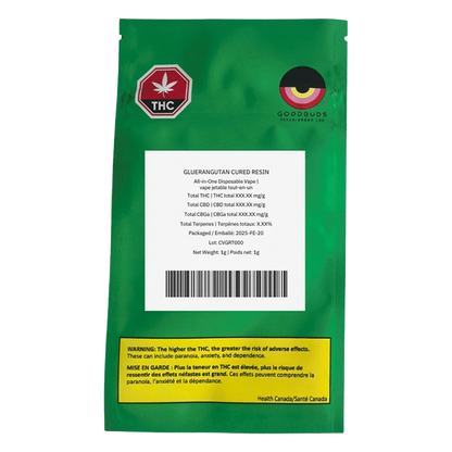 Rear view of the green pouch packaging showing a white label and warning strip for Gluerangutan Cured Resin Disposable Vape.