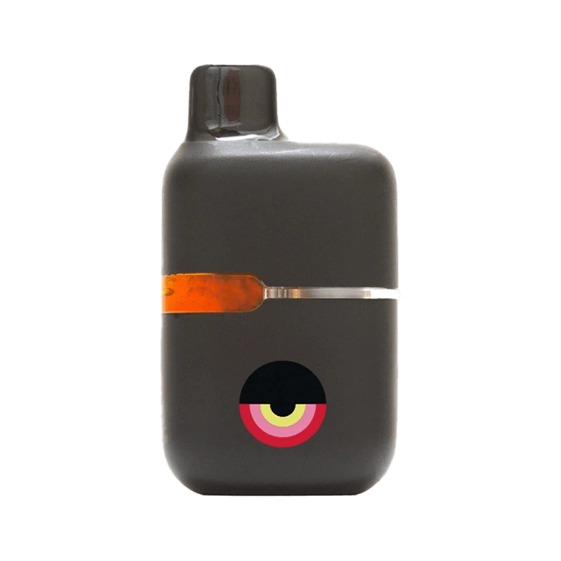 Front-facing shot of a matte black Gluerangutan Cured Resin Disposable Vape with a horizontal amber window and concentric colorful eye logo near the base