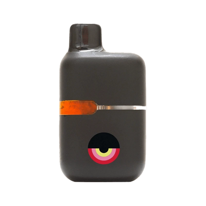 Front-facing shot of a matte black Gluerangutan Cured Resin Disposable Vape with a horizontal amber window and concentric colorful eye logo near the base