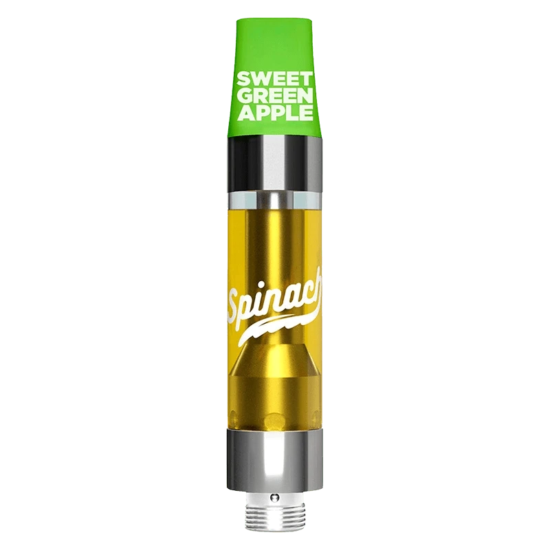 Center-front view of a Sweet Green Apple Liquid Diamonds Vape Cartridge with a green cap reading "SWEET GREEN APPLE" and a gold, branded cartridge body.