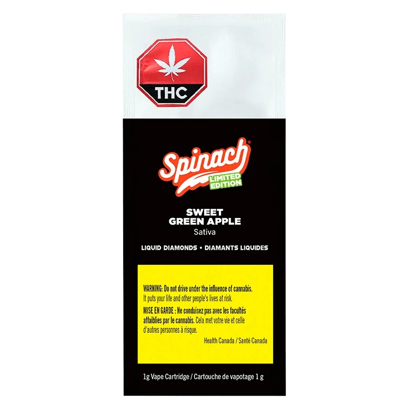 Front-facing pack shot showing the Spinach Sweet Green Apple Liquid Diamonds Vape Cartridge packaging with black background, red THC symbol and yellow warning panel.