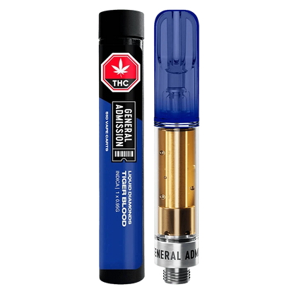 Vertical product shot of the Tiger Blood Liquid Diamond Vape Cartridge beside its blue General Admission tube, shown on a clean white background.