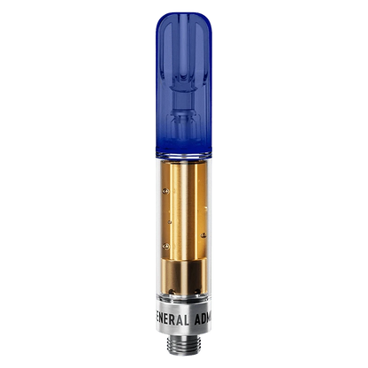 Straight-on studio shot of a Tiger Blood Liquid Diamond Vape Cartridge with a translucent blue mouthpiece and visible gold cartridge internals.