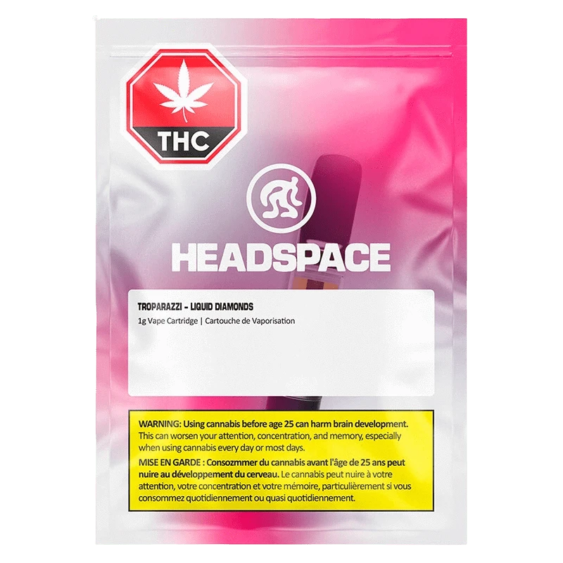 Front-facing product shot of the Troparazzi Liquid Diamond Vape Cartridge packaging with a pink gradient background, large HEADSPACE logo, THC symbol, and warning label visible.