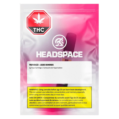 Front-facing product shot of the Troparazzi Liquid Diamond Vape Cartridge packaging with a pink gradient background, large HEADSPACE logo, THC symbol, and warning label visible.