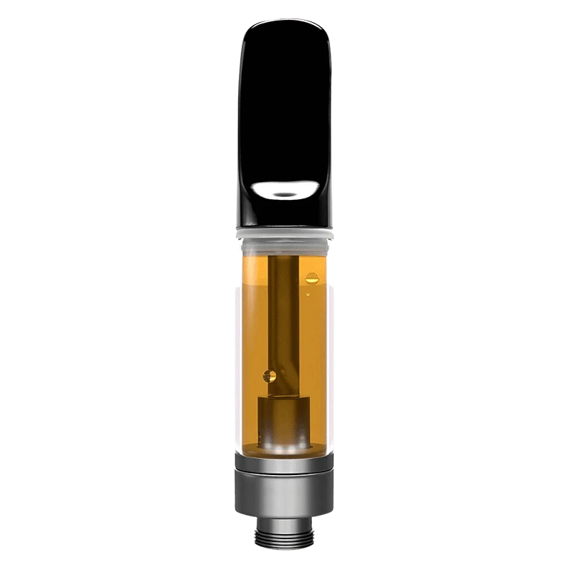 Straight-on view of a filled Troparazzi Liquid Diamond Vape Cartridge showing amber oil, a black mouthpiece, and metal base.