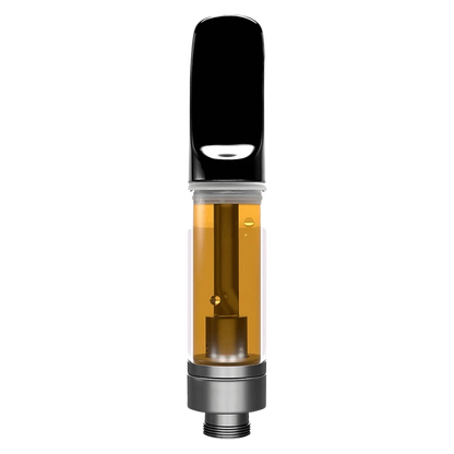 Straight-on view of a filled Troparazzi Liquid Diamond Vape Cartridge showing amber oil, a black mouthpiece, and metal base.