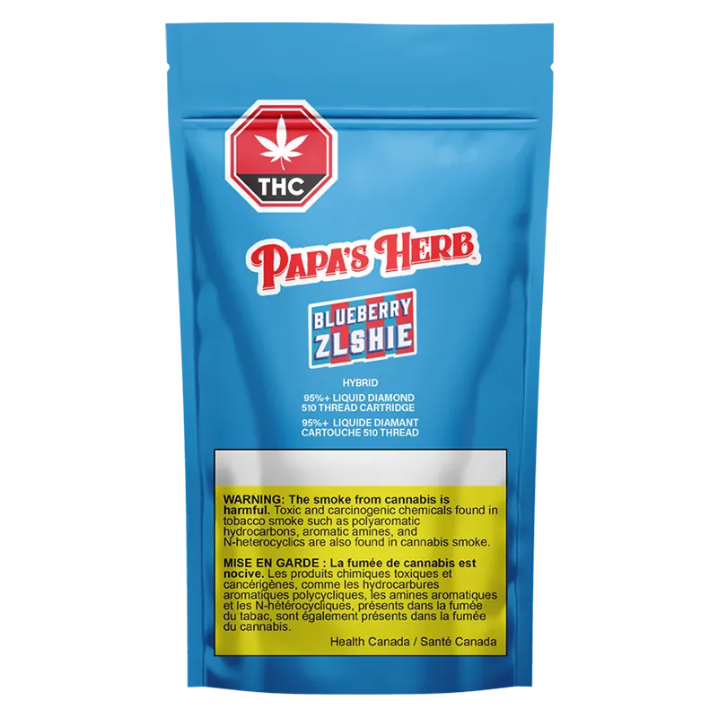 Front-facing blue foil pouch showing the Papa's Herb Blueberry Zlshie Liquid Diamond Vape Cartridge branding, THC symbol, and a yellow health warning panel.