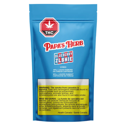 Front-facing blue foil pouch showing the Papa's Herb Blueberry Zlshie Liquid Diamond Vape Cartridge branding, THC symbol, and a yellow health warning panel.