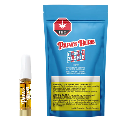 Front-facing shot of the Papa's Herb Blueberry Zlshie Liquid Diamond Vape Cartridge pouch and visible 0.95 g cartridge against a white background.