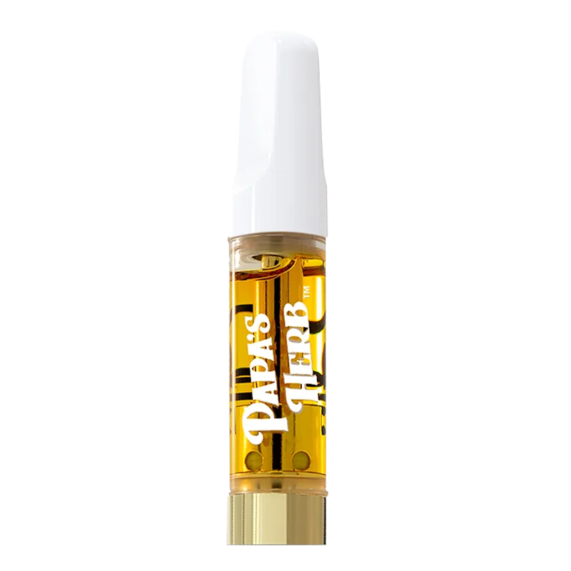 Center-frontal view of a filled cartridge labeled Papas Herb Blueberry Zlshie Liquid Diamond Vape Cartridge with a white mouthpiece and gold-toned liquid.