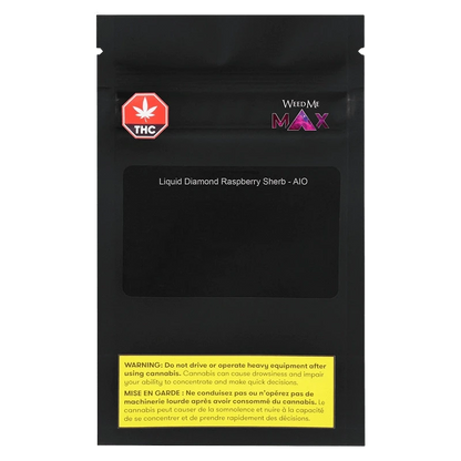 Flat front view of a black pouch labeled "Liquid Diamond Raspberry Sherb Disposable Vape" with a THC icon, WeedMe MAX logo, and yellow warning box at the bottom