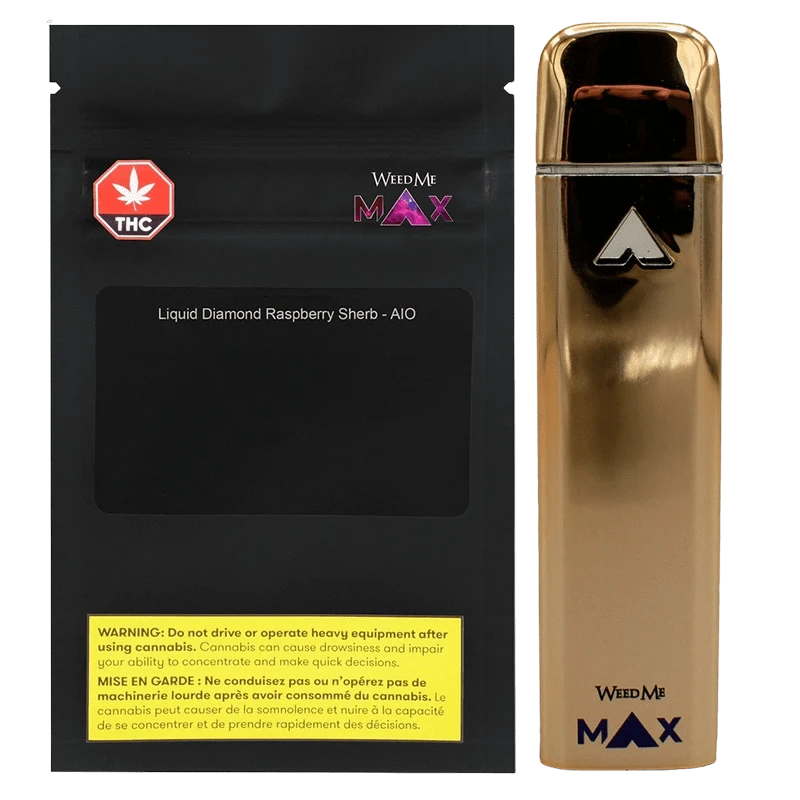 Front-on product shot of the Liquid Diamond Raspberry Sherb Disposable Vape showing a glossy gold device standing upright beside its black WeedMe MAX labeled pouch.