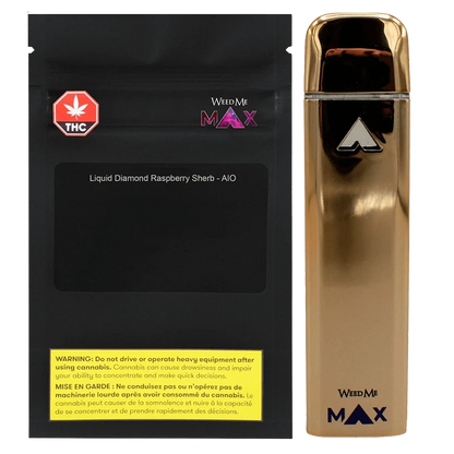 Front-on product shot of the Liquid Diamond Raspberry Sherb Disposable Vape showing a glossy gold device standing upright beside its black WeedMe MAX labeled pouch.