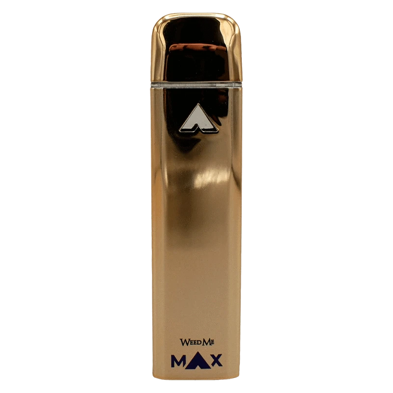 Straight-on view of a reflective gold Liquid Diamond Raspberry Sherb Disposable Vape standing upright with a small logo near the top and "MAX" branding at the base