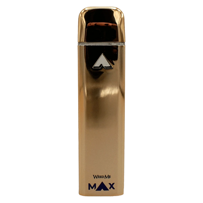 Straight-on view of a reflective gold Liquid Diamond Raspberry Sherb Disposable Vape standing upright with a small logo near the top and "MAX" branding at the base