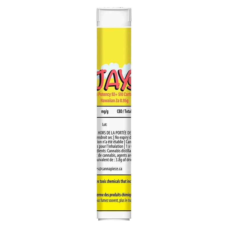 Front view of the High Potency 92+ Hawaiian Za Vape Cartridge showing its tall yellow tube label with partial red logo and legible small black text.
