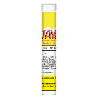 Front view of the High Potency 92+ Hawaiian Za Vape Cartridge showing its tall yellow tube label with partial red logo and legible small black text.