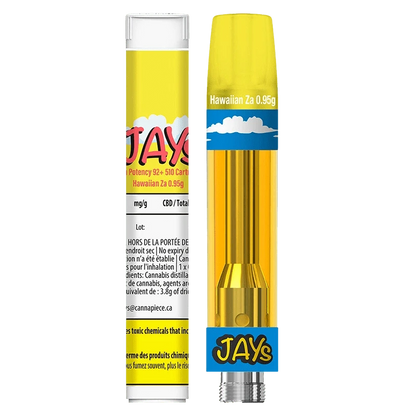 Front-facing view of the High Potency 92+ Hawaiian Za Vape Cartridge showing the yellow, cloud-themed cartridge and label.