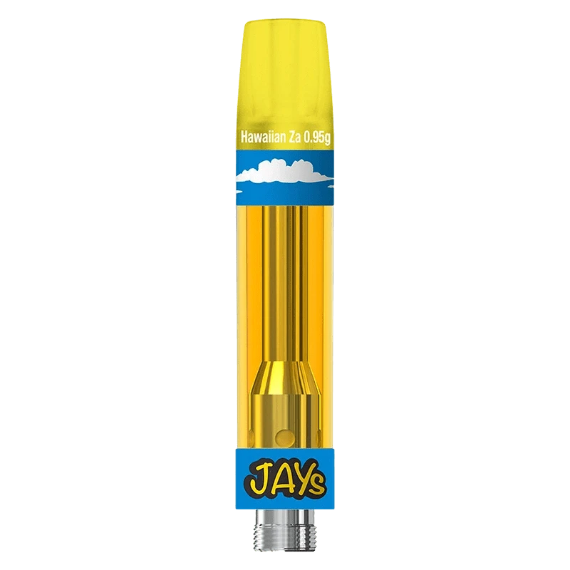 Vertical close-up of a yellow cartridge against a transparent background showing the JAYs High Potency 92+ Hawaiian Za Vape Cartridge with cloud graphics.