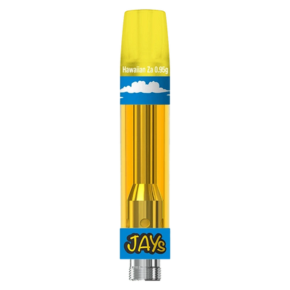 Vertical close-up of a yellow cartridge against a transparent background showing the JAYs High Potency 92+ Hawaiian Za Vape Cartridge with cloud graphics.