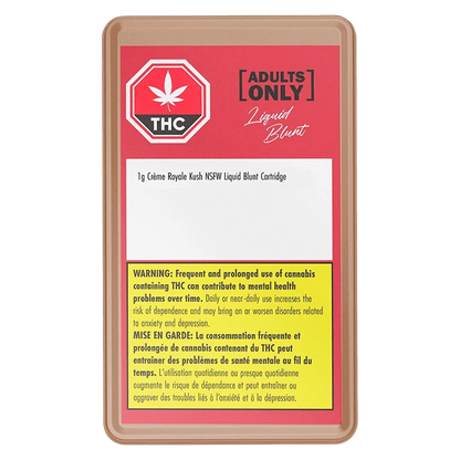Centered front view of the Creme Royale Kush NSFW Blunt Liquid Diamond Vape Cartridge packaging with red header, THC symbol, and yellow warning block.
