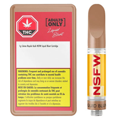 Packaging and cartridge side-by-side, the Creme Royale Kush NSFW Blunt Liquid Diamond Vape Cartridge shows a red-labeled warning box and a gold liquid cartridge with "NSFW" vertically on the tube.