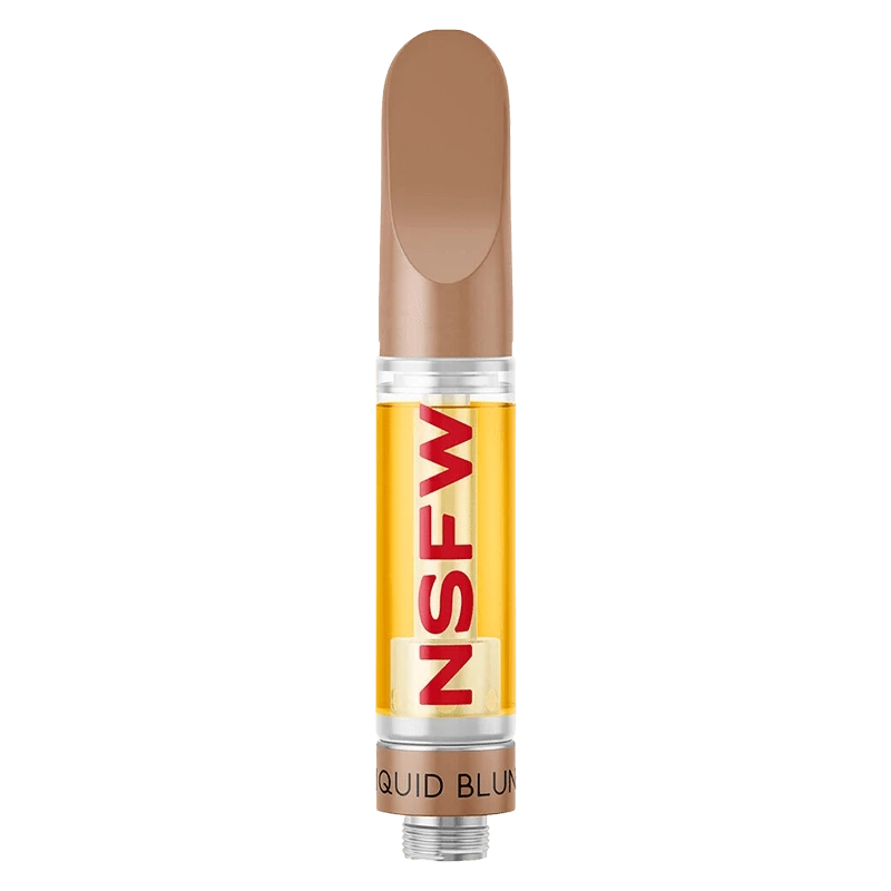 Center-aligned front view of the Creme Royale Kush NSFW Blunt Liquid Diamond Vape Cartridge showing amber oil in a clear chamber and a tan mouthpiece against a white background