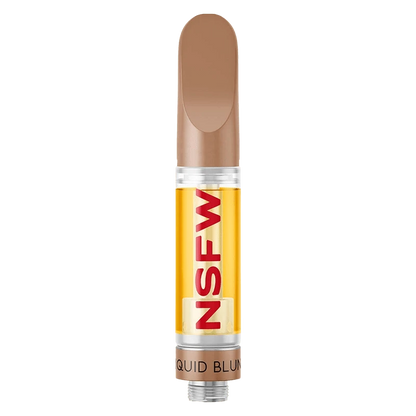 Center-aligned front view of the Creme Royale Kush NSFW Blunt Liquid Diamond Vape Cartridge showing amber oil in a clear chamber and a tan mouthpiece against a white background